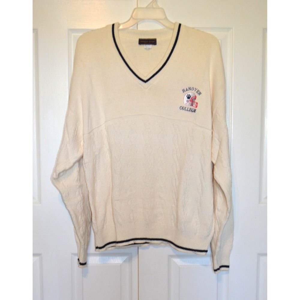 Andrew Rohan Sweater Mens 2XL Ivory w/ Blue Trim V-Neck Hanover College USA - Picture 5 of 16